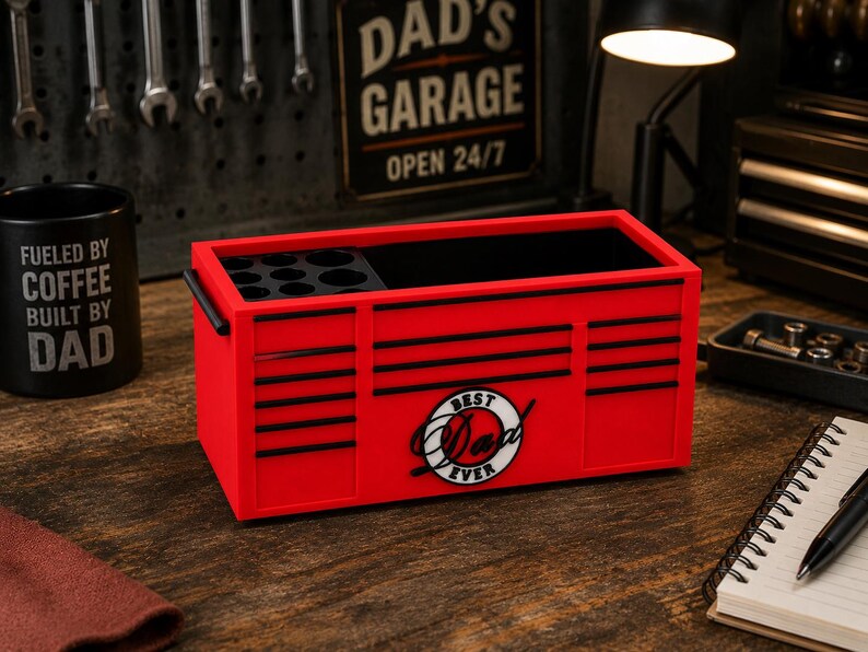 May include: A red toolbox with black accents and the words "BEST DAD EVER" on the front. The toolbox has a black interior and a handle on each side. A black mug with the words "Fueled by Coffee Built by Dad" is on the left.