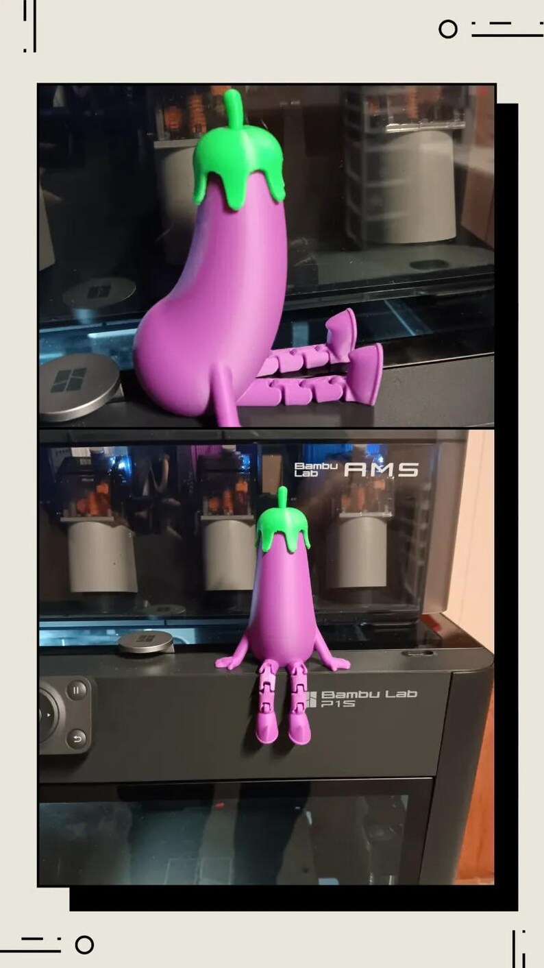 May include: A 3D-printed eggplant figurine in purple with a green stem. The figurine has articulated arms and legs. The eggplant is displayed on a black surface with a computer in the background. The text "Bambu Lab P1S" is visible.