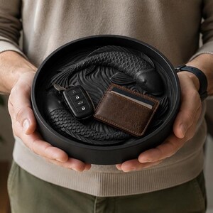 Puede incluir: Una bandeja decorativa redonda negra con un dise&ntilde;o de pez koi. La bandeja contiene una llave de coche y un tarjetero de cuero marr&oacute;n. La bandeja es una soluci&oacute;n de almacenamiento elegante.