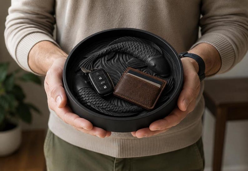 Puede incluir: Una bandeja decorativa redonda negra con un dise&ntilde;o de pez koi. La bandeja contiene una llave de coche y un tarjetero de cuero marr&oacute;n. La bandeja es una soluci&oacute;n de almacenamiento elegante.