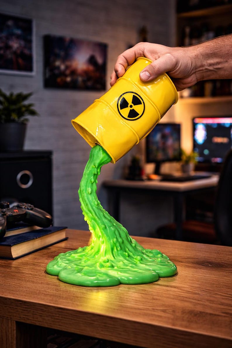 May include: A yellow barrel, marked with a black radiation symbol, is depicted pouring out a stream of bright green, viscous liquid. The liquid flows onto a wooden surface, forming a puddle. The barrel is held by a hand.
