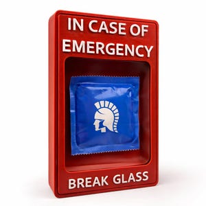 Może przedstawiać: Czerwone pudełko z napisem „IN CASE OF EMERGENCY BREAK GLASS” zawiera niebieską paczkę z białym logo hełmu Spartan. Pudełko to humorystyczne spojrzenie na alarm przeciwpożarowy.