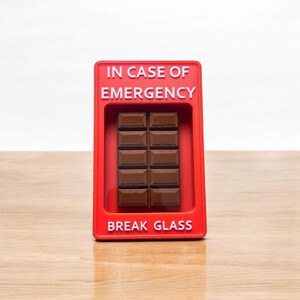 May include: Red box with the text "IN CASE OF EMERGENCY" and "BREAK GLASS" with a chocolate bar inside.