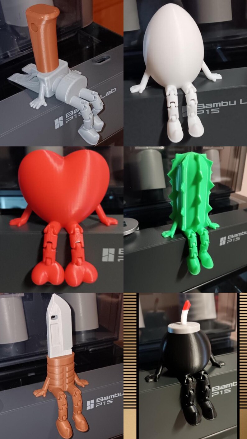 Puede incluir: Una colecci&oacute;n de figuritas impresas en 3D con diferentes formas, incluyendo un coraz&oacute;n, un cactus, un cuchillo, un huevo y una bomba. Cada figurita tiene un par de piernas y est&aacute; sentada sobre una superficie. Las figuritas est&aacute;n impresas en diferentes colores, incluyendo rojo, verde, marr&oacute;n, blanco y negro.