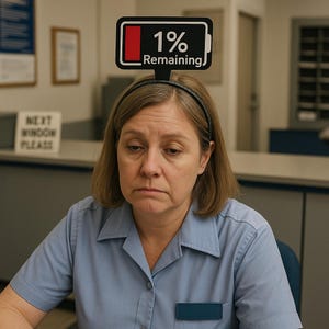 May include: A woman wearing a black headband with a sign that reads "1% Remaining" above her head. The sign is black with a red battery icon and white text. She is wearing a blue uniform shirt and appears to be in a somber mood.