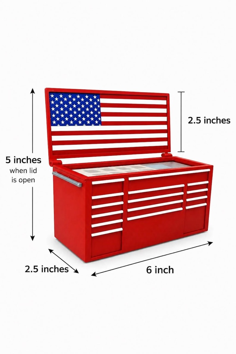 May include: A red tool chest with a hinged lid featuring an American flag design. The chest measures 6 inches wide, 2.5 inches deep, and 5 inches high when the lid is open, with the lid itself measuring 2.5 inches in height.