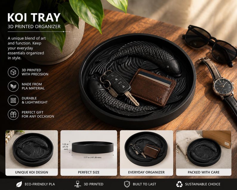 Puede incluir: Bandeja negra impresa en 3D con dise&ntilde;o de peces koi, perfecta para organizar los objetos esenciales del d&iacute;a a d&iacute;a. La bandeja presenta un dise&ntilde;o &uacute;nico de koi y est&aacute; hecha de material PLA. Las llaves y una cartera descansan dentro de la bandeja. La bandeja tiene 19,73 cm de di&aacute;metro.