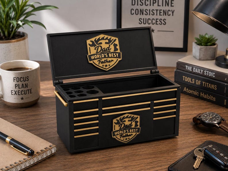 May include: Black toolbox with gold accents and the text "Dad World's Best Father." The toolbox is open, revealing an empty interior and a compartment with circular holes. A coffee mug with the text "Focus Plan Execute" is visible.