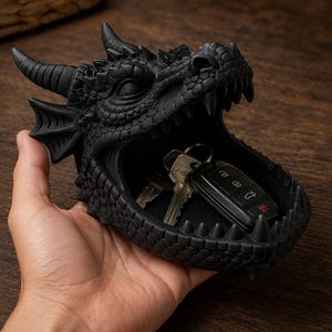May include: A black dragon-shaped trinket tray, held in a hand, with a textured surface and open mouth. The tray contains keys and a car key fob. The dragon has horns, scales, and sharp teeth. The tray is made of a dark material.