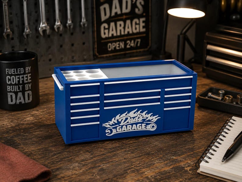 May include: A blue toolbox-shaped desk organizer with white accents and the text "Dad's Garage." The organizer has a section for small items and a larger compartment. A black mug with the text "Fueled by Coffee Built by Dad" is also visible.
