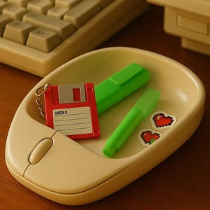 Op de afbeelding: Een beige muisvormige bureau-organizer met een rode diskette-sleutelhanger, twee groene markeerstiften en twee pixelhartstickers. Op de diskette staat het woord "INDEX". Op de achtergrond staat een vintage toetsenbord.
