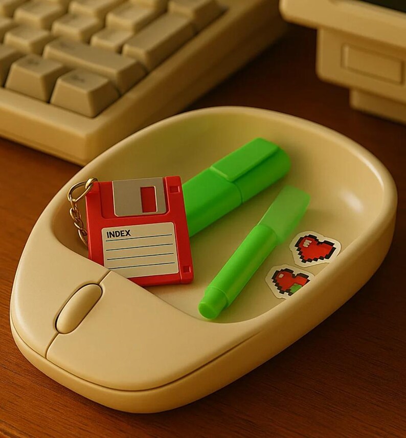 Op de afbeelding: Een beige muisvormige bureau-organizer met een rode diskette-sleutelhanger, twee groene markeerstiften en twee pixelhartstickers. Op de diskette staat het woord "INDEX". Op de achtergrond staat een vintage toetsenbord.