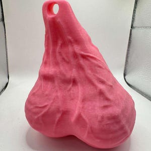 May include: A pink, textured, anatomical sculpture of a scrotum with a prominent vein pattern and a circular hole at the top. The object has a matte finish and a distinct, irregular shape with two rounded lobes at the base, rendered in a solid color.