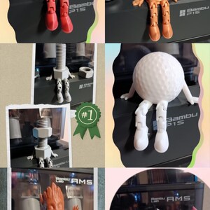 Puede incluir: Una colecci&oacute;n de figuritas impresas en 3D, que incluyen un flotador de pesca, una bala, una bola de golf, una tuerca y un tornillo, un personaje de Groot y tres conos de helado. Las figuritas est&aacute;n todas sentadas sobre una superficie negra con el texto "Bambu Lab AMS" impreso en ella.