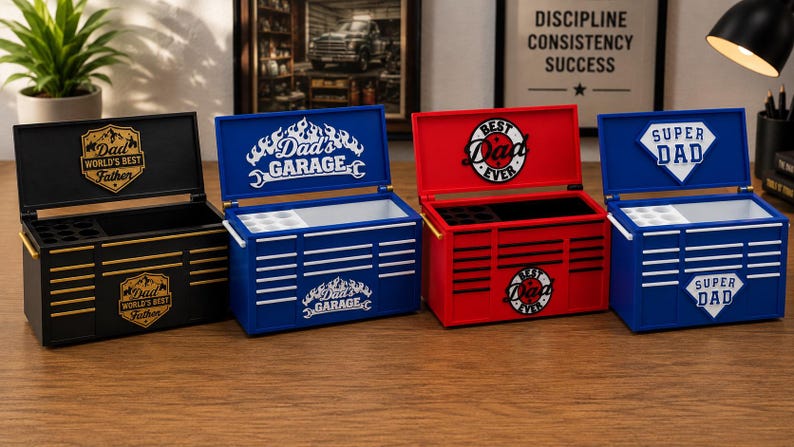 May include: Four miniature toolboxes in black, blue, and red, each with a hinged lid. The black toolbox has "Dad, World's Best Father" text. The blue toolboxes have "Dad's Garage" and "Super Dad" text. The red toolbox has "Best Dad Ever" text.