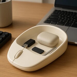 Op de afbeelding: Een cr&egrave;mekleurige bureau-organizer in de vorm van een computermuis. Het bevat een zwarte USB-stick, een kleine zwarte rechthoek, een zilveren pen en een beige draadloze oortelefoonhoes. De organizer staat op een houten bureau in de buurt van een laptop.