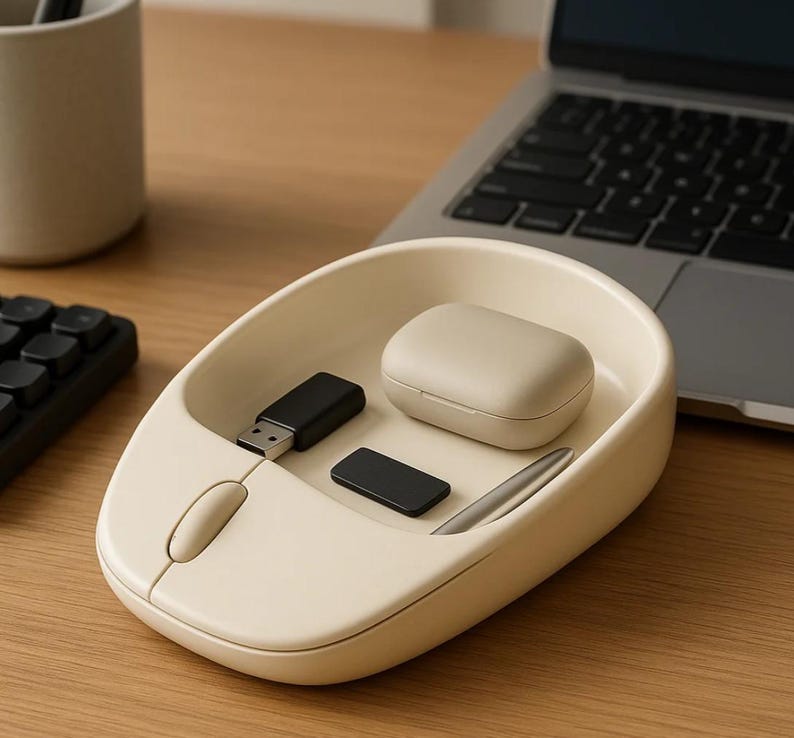Op de afbeelding: Een cr&egrave;mekleurige bureau-organizer in de vorm van een computermuis. Het bevat een zwarte USB-stick, een kleine zwarte rechthoek, een zilveren pen en een beige draadloze oortelefoonhoes. De organizer staat op een houten bureau in de buurt van een laptop.