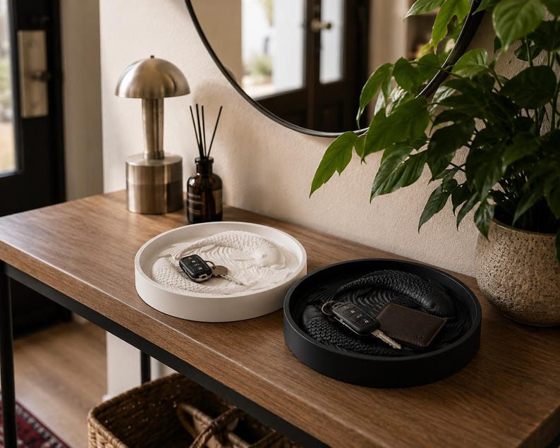 Puede incluir: Dos bandejas decorativas sobre una mesa de madera. Una es blanca con un dise&ntilde;o texturizado y llaves, la otra es negra con un dise&ntilde;o texturizado, llaves y una peque&ntilde;a cartera marr&oacute;n. Una l&aacute;mpara, un difusor y una planta est&aacute;n en el fondo.