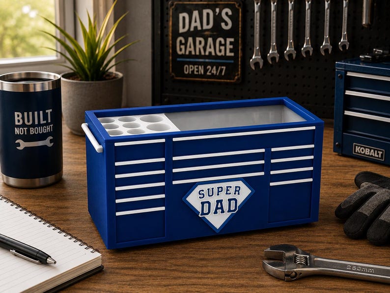 May include: A blue toolbox with white stripes and the words "SUPER DAD" on the front. A blue tumbler with the words "BUILT NOT BOUGHT" is on the left. A wrench and gloves are on the right.