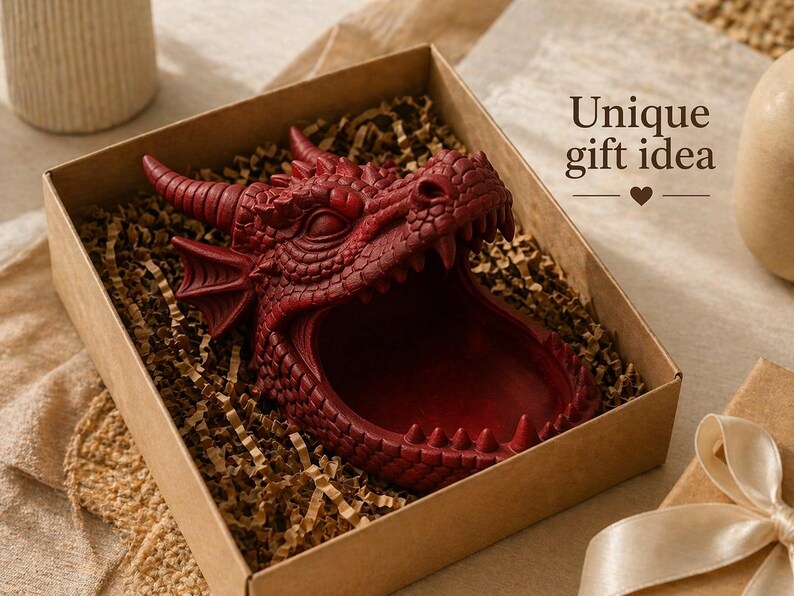 May include: A red dragon-shaped decorative bowl with an open mouth, presented in a brown gift box with shredded paper. The box is next to a small gift box with a bow. The text "Unique gift idea" is visible.