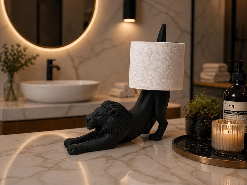 Pode incluir: Um porta-papel higi&ecirc;nico em forma de le&atilde;o preto. O le&atilde;o est&aacute; em uma pose de alongamento, sustentando um rolo de papel higi&ecirc;nico branco estampado. A decora&ccedil;&atilde;o do banheiro inclui um espelho redondo, uma pia branca e uma vela.