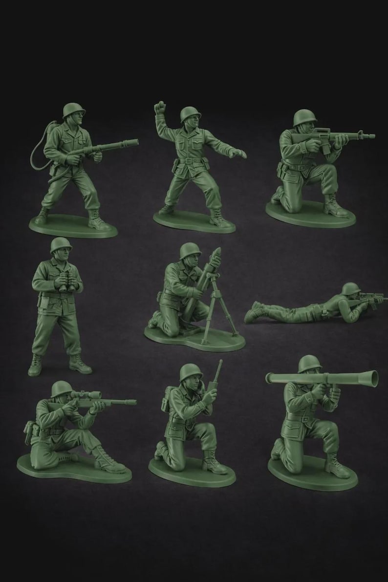 May include: A collection of nine green plastic toy soldiers in various action poses. Soldiers are depicted kneeling, aiming rifles, throwing grenades, and operating a mortar. Each figure is on a small green base.