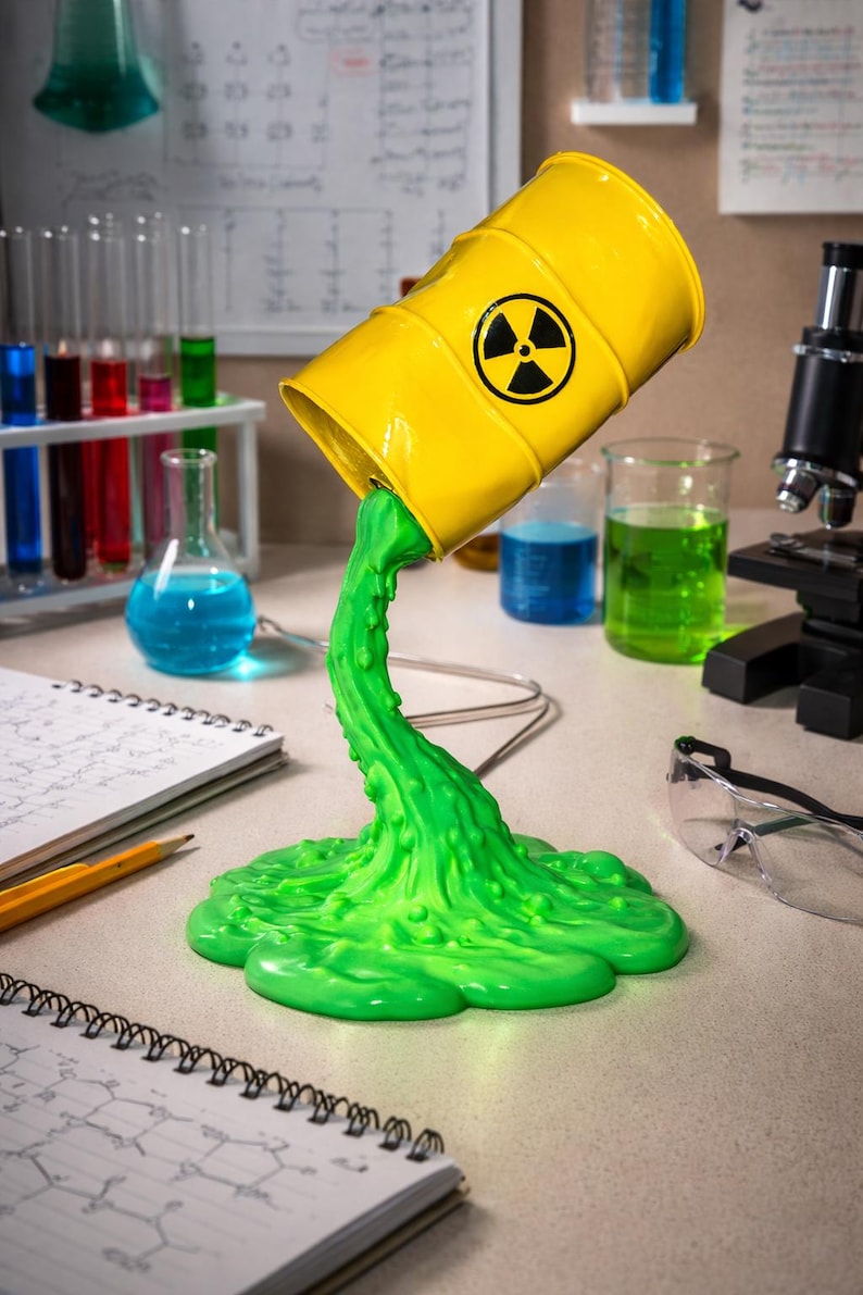 May include: A yellow barrel with a black radiation symbol is tilted, pouring out a stream of bright green liquid. The scene is set in a lab with beakers, test tubes, and a microscope, suggesting a science or novelty theme.