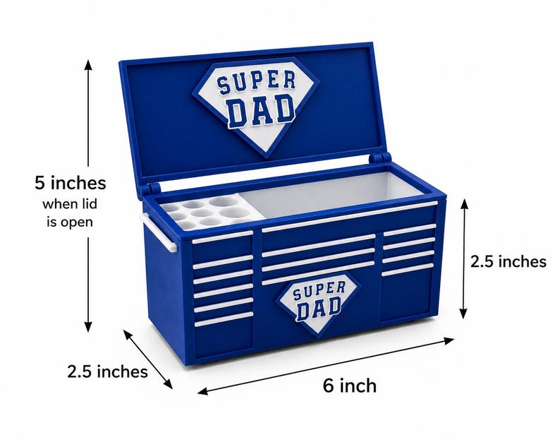 May include: A blue toolbox with white accents and the words "SUPER DAD" in a diamond shape. The toolbox is 6 inches long, 2.5 inches high, and 5 inches high with the lid open.