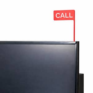 May include: A red flag with the word "CALL" in white letters is attached to the top of a black computer monitor. The flag is a simple rectangle shape and is positioned on the top right corner of the monitor.