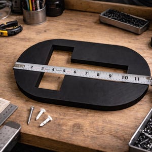 Op de afbeelding: Een zwart, ovaalvormig houten object met een rechthoekige uitsparing wordt gemeten met een metalen meetlint. Het object is ongeveer 28 cm lang. Diverse gereedschappen en hardware omringen het object op een houten oppervlak.