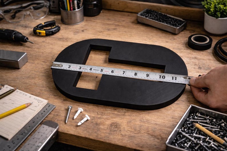 Op de afbeelding: Een zwart, ovaalvormig houten object met een rechthoekige uitsparing wordt gemeten met een metalen meetlint. Het object is ongeveer 28 cm lang. Diverse gereedschappen en hardware omringen het object op een houten oppervlak.