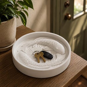 Puede incluir: Una bandeja decorativa blanca y redonda con un dise&ntilde;o de pez. La bandeja contiene un juego de llaves y un llavero de coche. Est&aacute; sobre una mesa de madera, junto a una planta en maceta.