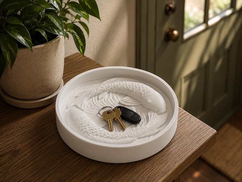 Puede incluir: Una bandeja decorativa blanca y redonda con un dise&ntilde;o de pez. La bandeja contiene un juego de llaves y un llavero de coche. Est&aacute; sobre una mesa de madera, junto a una planta en maceta.
