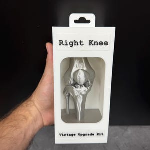 May include: A white rectangular cardboard box with a cutout window displaying a silver-colored 3D-printed anatomical model of a right knee. The box features the text Right Knee at the top and Vintage Upgrade Kit at the bottom in black lettering.