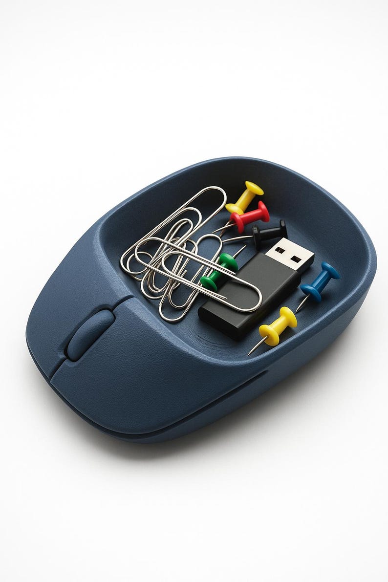Op de afbeelding: Een marineblauwe bureau-organizer in de vorm van een computermuis, gevuld met zilveren paperclips, een zwarte USB-stick en kleurrijke punaises in rood, geel, groen en blauw. De organizer staat op een witte achtergrond.