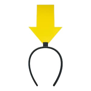 May include: A black headband with a bright yellow arrow pointing downwards. The arrow is rectangular with a pointed tip. The headband is a simple, curved design, and the arrow is attached to the top center.
