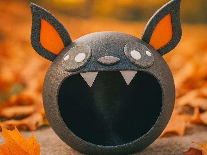 May include: A dark gray, spherical bat-shaped container with large ears, orange inner ears, and white fangs. The container has large, round eyes with white pupils and a small nose. The background is blurred with fall leaves.