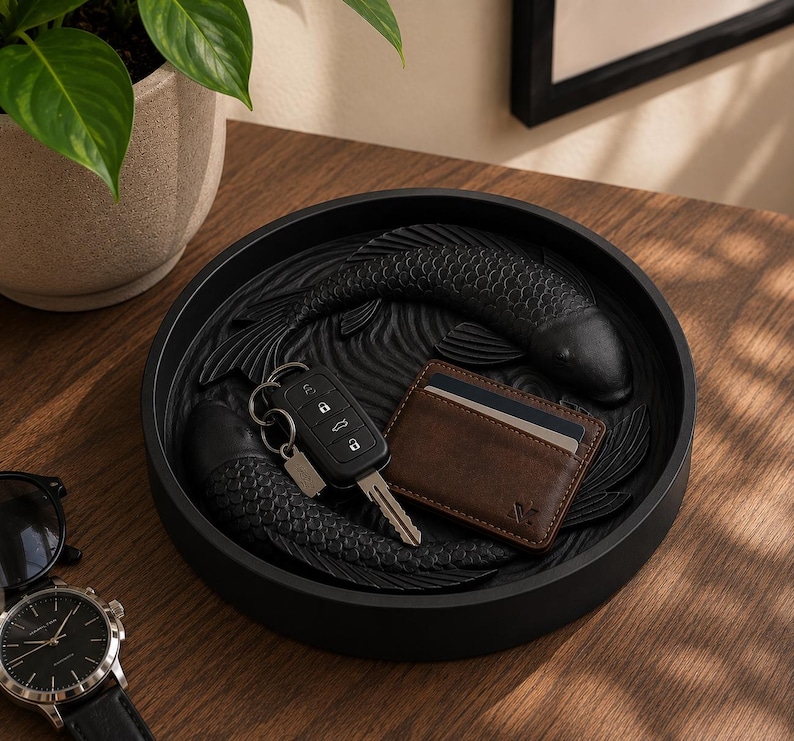 Puede incluir: Una bandeja decorativa redonda y negra con un dise&ntilde;o de carpa koi tallada. La bandeja contiene una cartera de cuero marr&oacute;n, llaves de coche y un llavero. Un reloj de pulsera y gafas de sol son visibles.