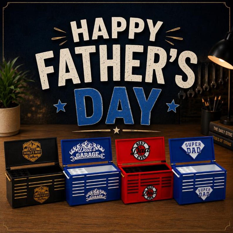 May include: Four miniature tool chest boxes in black, blue, and red, each with a different design and text, including "Dad's Garage" and "Super Dad." The image has a "Happy Father's Day" banner.