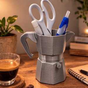 Puede incluir: Un organizador de escritorio plateado con forma de cafetera italiana, que contiene tijeras blancas, un rotulador blanco y un bolígrafo azul. Un vaso de espresso y granos de café están sobre el escritorio de madera.