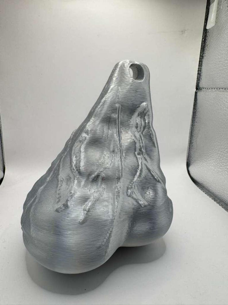 May include: A silver-colored, three-dimensional object with a textured, organic surface and a prominent, rounded shape at the base. The item features a tapered top section with a circular hole, displaying visible horizontal print lines throughout.