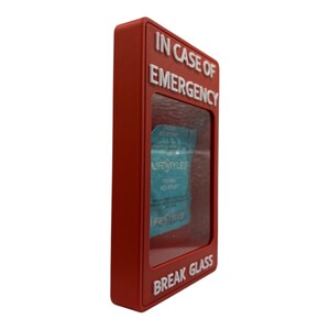 May include: A red rectangular box with the words "IN CASE OF EMERGENCY" and "BREAK GLASS" in white lettering. Inside the box is a blue package with the word "LIFESTYLES" visible.