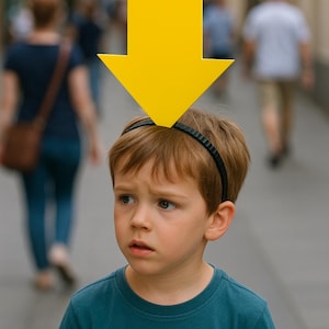 May include: A young child wearing a teal t-shirt and a black headband, with a large yellow arrow pointing downwards above their head. The child has a concerned expression, with a blurred background of people walking on a city street.