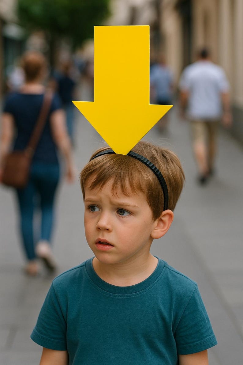 May include: A young child wearing a teal t-shirt and a black headband, with a large yellow arrow pointing downwards above their head. The child has a concerned expression, with a blurred background of people walking on a city street.