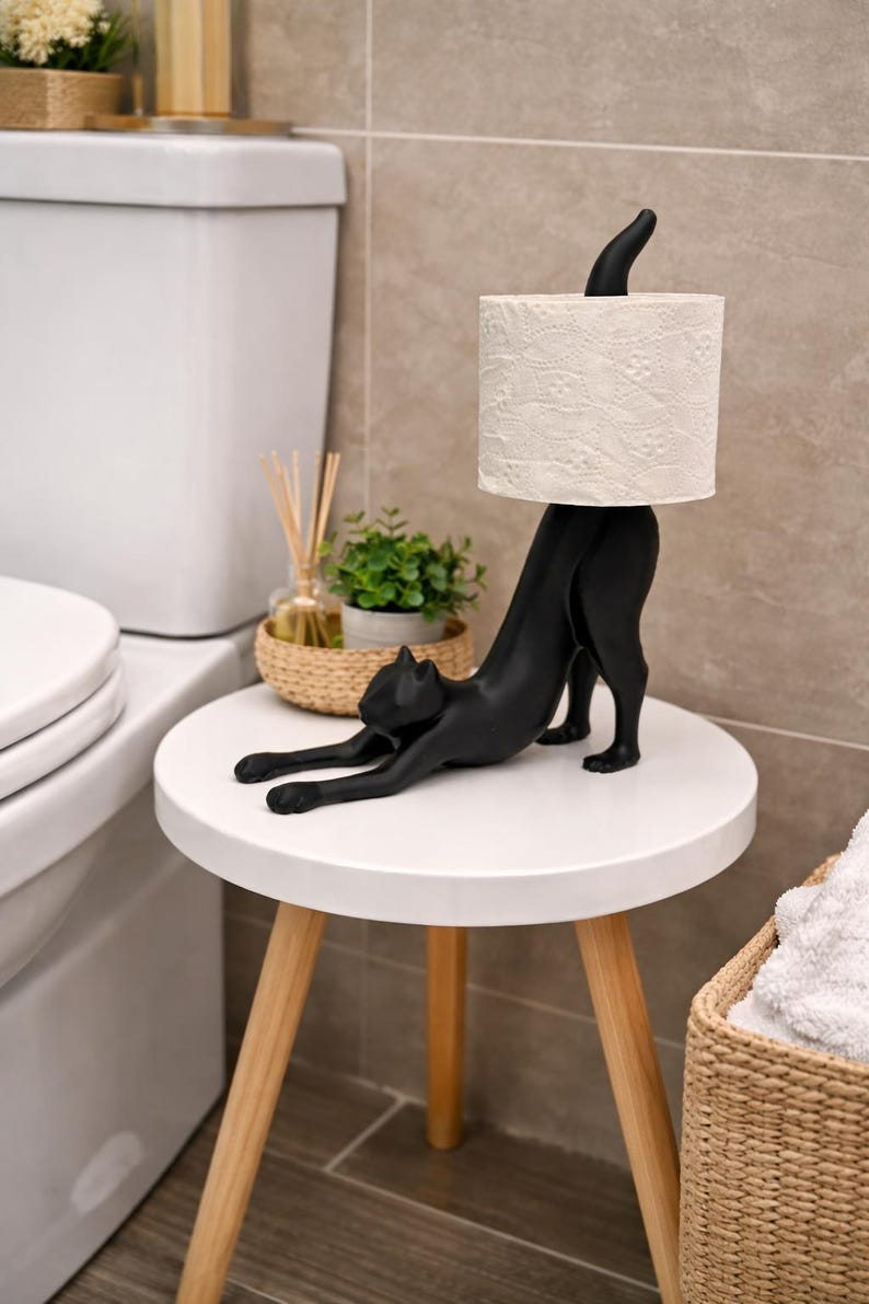 Pode incluir: Um porta-papel higi&ecirc;nico em forma de gato preto. O gato est&aacute; em posi&ccedil;&atilde;o de alongamento, sustentando um rolo de papel higi&ecirc;nico branco estampado. O suporte est&aacute; sobre uma mesa lateral branca com pernas de madeira, para decora&ccedil;&atilde;o de banheiro.