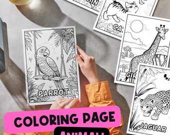 Pode incluir: Um conjunto de páginas para colorir com diferentes animais, incluindo um papagaio, um gato, uma girafa, um golfinho e um jaguar. Cada página tem o nome do animal na parte inferior. As páginas são em preto e branco e estão prontas para serem coloridas.