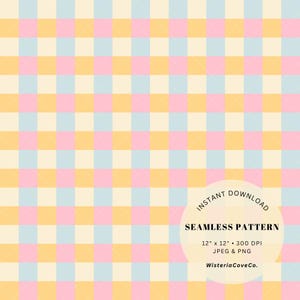 Pode incluir: Um padrão digital sem costuras com uma grelha repetitiva de quadrados azul-claros, rosa-suave e amarelo-pálido. Uma sobreposição circular inclui o texto: INSTANT DOWNLOAD, SEAMLESS PATTERN, 12" x 12" • 300 DPI, JPEG & PNG, WisteriaCoveCo.