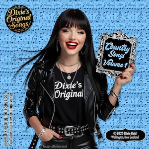 Puede incluir: Una chaqueta de cuero negra y una camiseta negra con el texto Dixie's Original, combinadas con un cinturón negro y collares superpuestos. Un marco negro ornamentado muestra el texto Country Songs Volume 1. El fondo tiene un patrón de notas musicales azul.