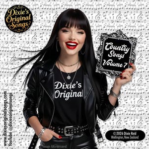 Könnte beinhalten: Eine Person mit langem schwarzem Haar und Pony trägt eine schwarze Lederjacke über einem schwarzen T-Shirt mit dem Text Dixie's Original. Sie hält einen schwarzen, verzierten Rahmen mit dem Text Country Songs Volume 7. Der Hintergrund zeigt Noten.