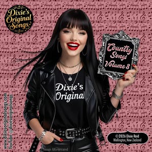 May include: A black leather jacket worn over a black t-shirt with the text Dixie's Original. The person holds a black ornate frame with the text Country Songs Volume 8. The background features a pink pattern of musical notes and symbols.